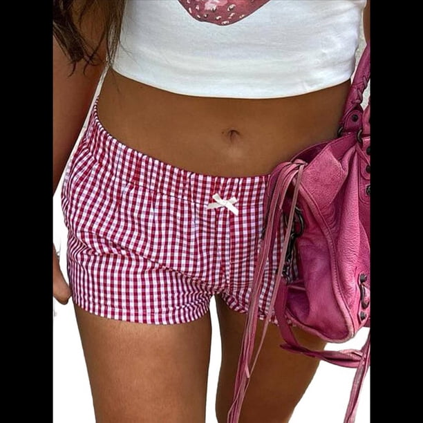 Pantalones Cortos Tipo Bóxer para Mujer, Pijama de Cuadros , Verano 2025, Pantalones Cortos Casuales para Dormir, Pantalones Cortos de Playa Y2K, Color Rojo, Talla M