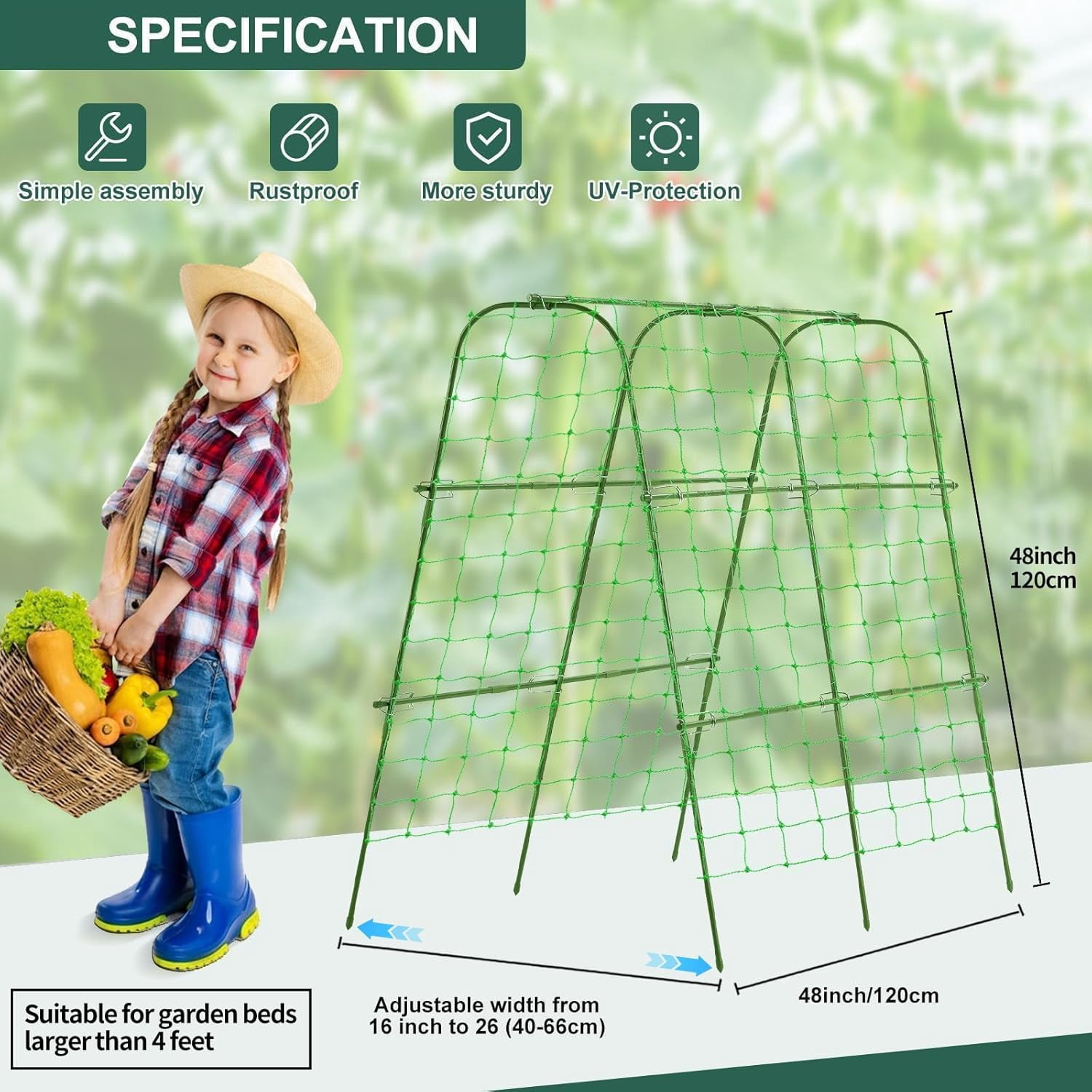 Garden Cucumber Trellis for Climbing Plants Outdoor, 48x48inch U-Shape Arch Trellis for Garden Raised Bed, Plant Support for Grape Vine Tomato Vegetable Pea Bean, Green