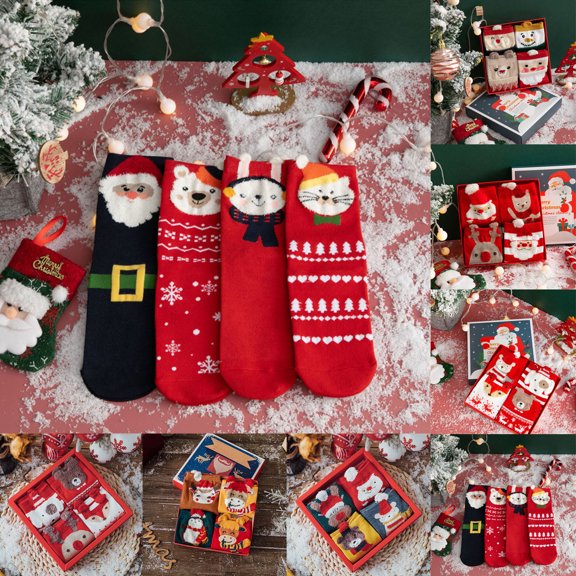 WHEANG 4 Pcs Christmas Socks for Women Men Fuzzy Socks Gift Box Embroidered Cartoon Cozy Plush Non‑Slip Slippers Socks for Holiday Home Wear M 2026 Sales