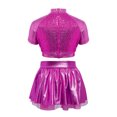 thumbnail image 4 of Aiihoo Kids Girls Jazz Dance Performance Outfit Mock Neck Short Sleeve Sequins Metallic Shirt Crop Top with Shiny Tutu Skirt Streetwear Rose 12, 4 of 6