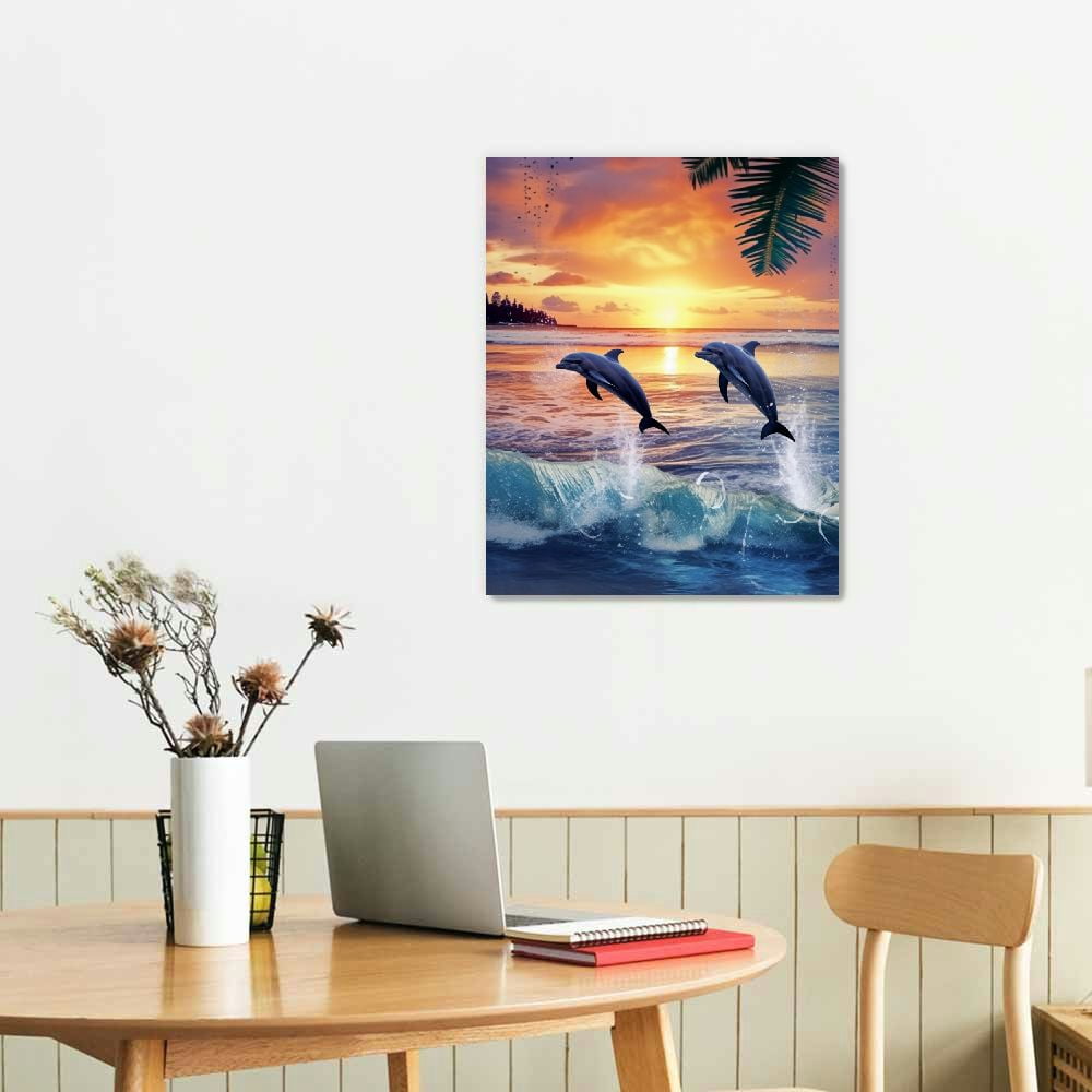 ONETECH Dolphin Bathroom Wall Art Coastal Beach Ocean Pictures Wall Decor Inhale Exhale Bathroom Palm Canvas Prints Framed Modern Painting Artwork for Bedroom Living Room Office