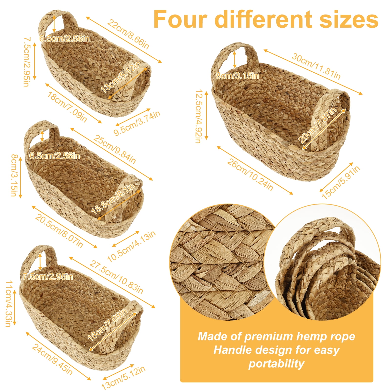FKSZLL 4Pcs Woven Storage Basket with Handle Decorative Baskets for Shelves Decor Hemp Rope Storage Baskets Bin for Organizing Fruit Vegetable Snacks