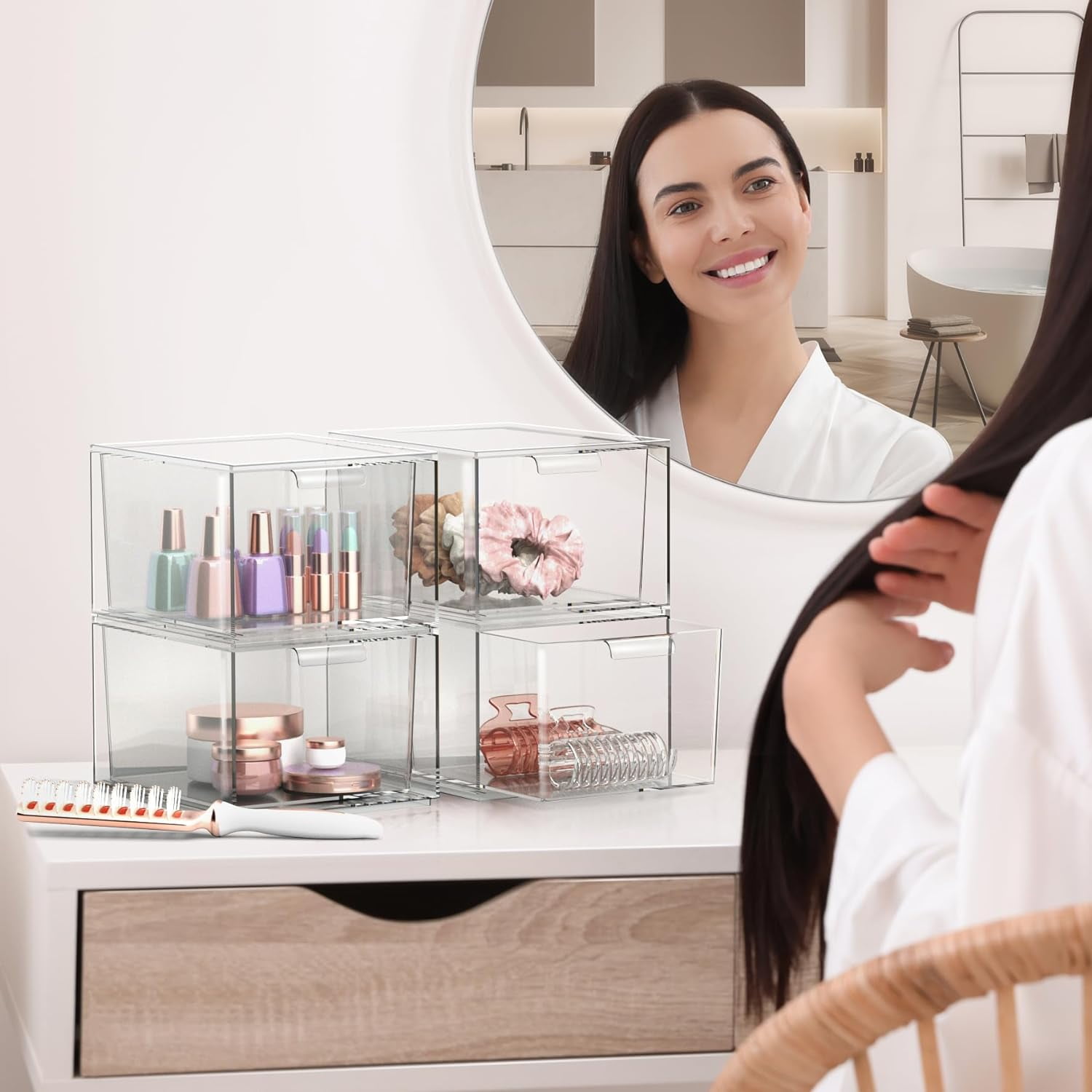 Sorbus 3-Pack Clear Acrylic Makeup Organizer – Stackable Plastic Drawer Storage Bins for Vanity, Bathroom, and Cosmetic Organization