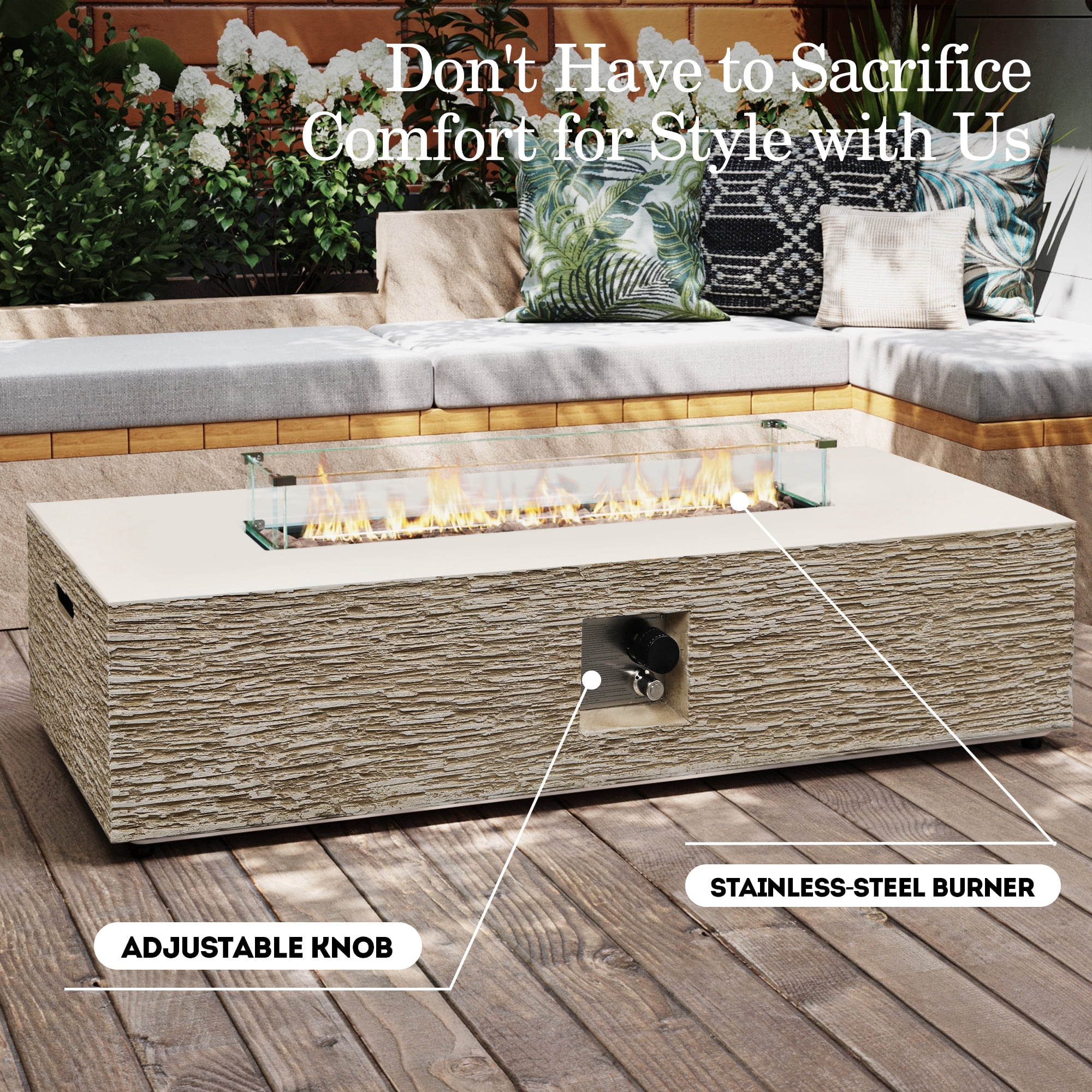 UPHA 56-inch Outdoor Propane Rectangle Fire Pit Table 50000 BTU Gas Concrete FirePit for Outside Patio with Wind Guard, Lava Rocks, Rain Cover, Beige
