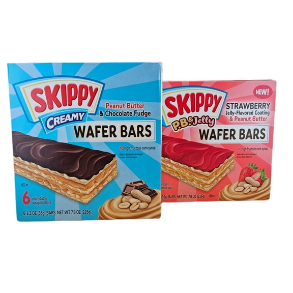 SKIPPY Creamy Peanut Butter And Chocolate Fudge Wafer Snack Bar, 7.8 oz and Strawberry Jelly-Flavored Coating & Peanut Butter 7.8 oz
