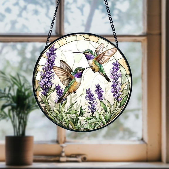 Hummingbirds and Lavender Flowers Stained Glass Suncatcher, Garden Window Art, Bird Lover Gift, Nature Inspired Home Decoration