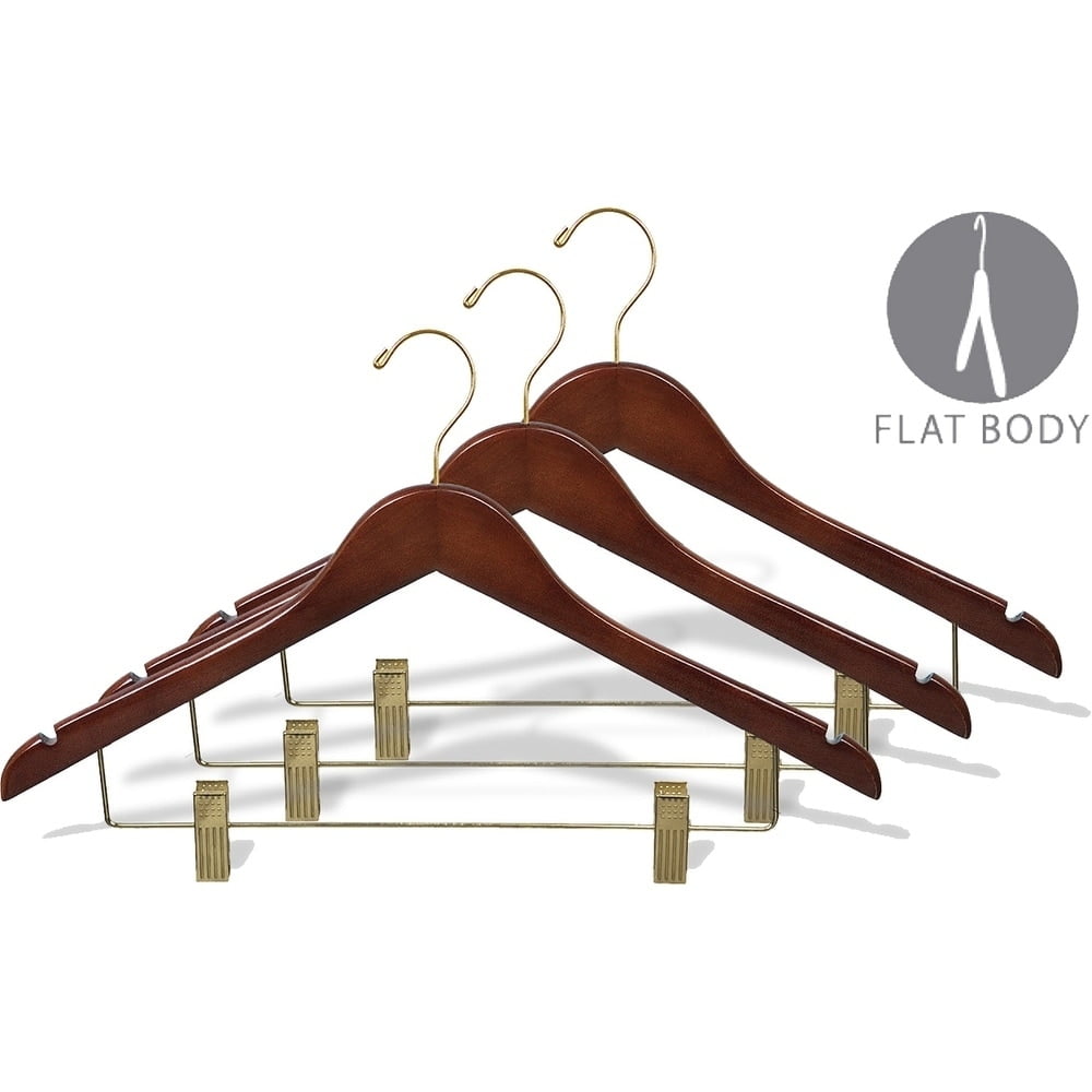Wood Combo Hanger w/ Cushion Clips, Box of 25 Space Saving 17 Inch Flat Wooden Hangers w/ Walnut Finish & Brass Hardware & Notches for Shirt Jacket or Dress by International Hanger