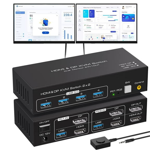 2 Port Dual Monitor DisplayPort HDMI KVM Switch 8K @60Hz, 4K @120Hz, USB 3.0 DP HDMI KVM Switcher 2 in 2 Out for 2 Computers 2 Monitors with 4 Ports USB 3.0 Support Copy and Extended Display