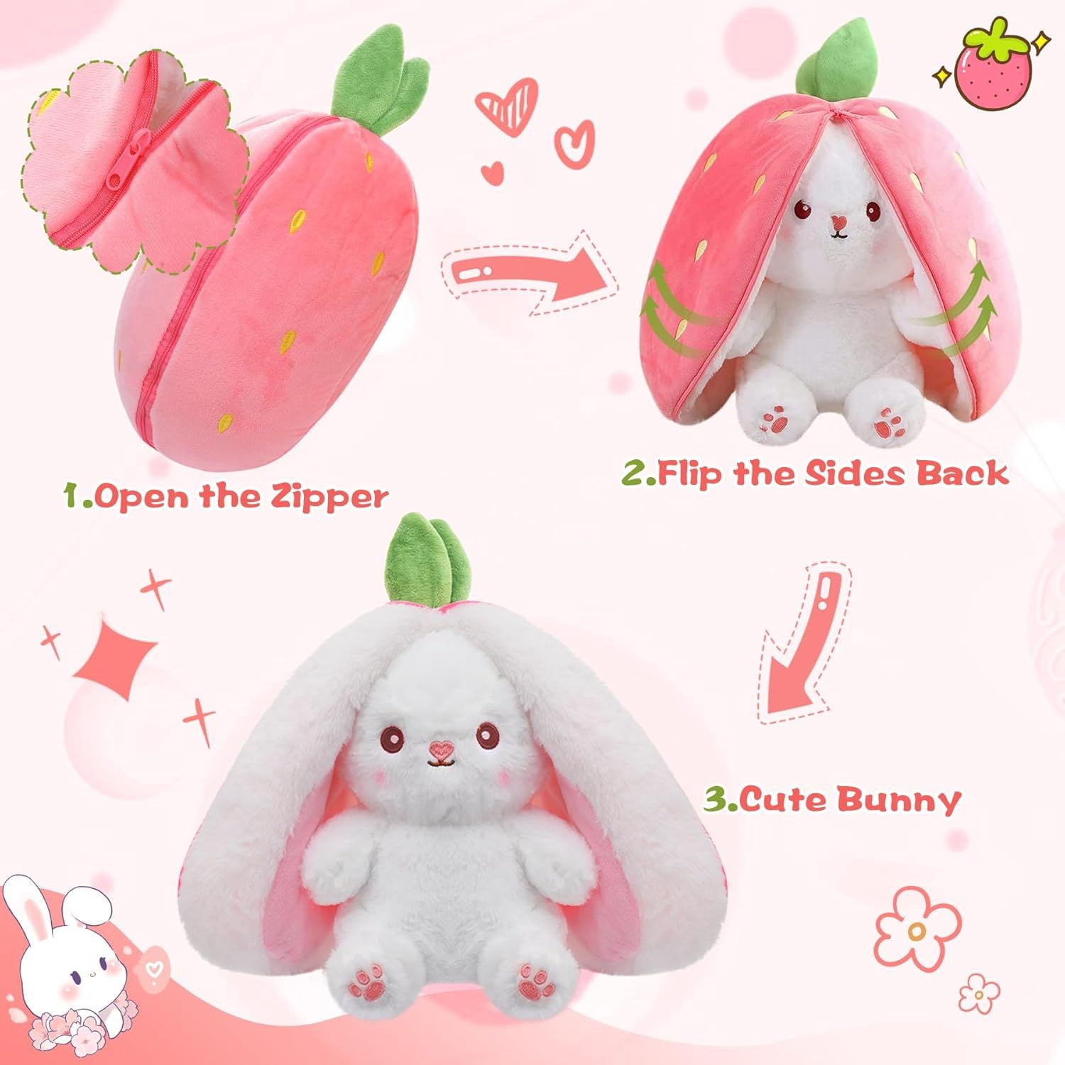 Kawaii Squishy Cute Easter Bunny Plush Turn Into Rabbit Fruit Doll Carrot Strawberry Pillow, Plushies Funny Bunny Toy for Baby