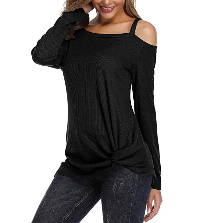 AELSON Womens Cold Shoulder Long Sleeve Shirts Front Twist Knot Casual Tunic Tops