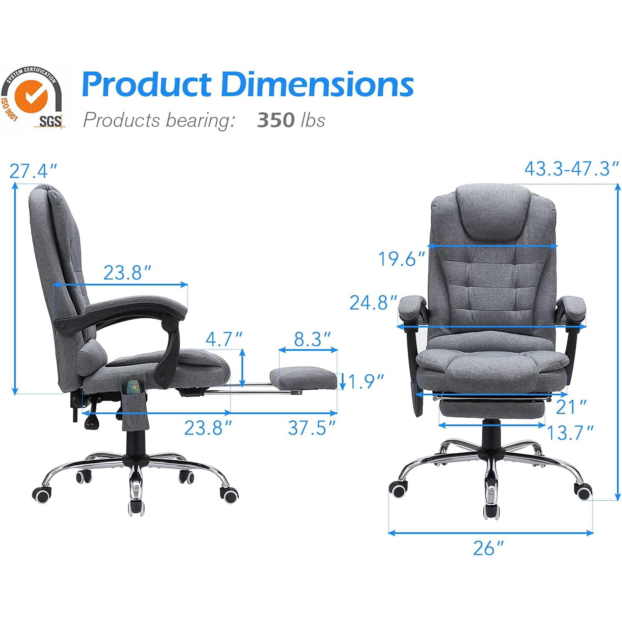 AECOJOY Ergonomic Office Chair with Heat &7 Points Massage High Back Desk Chair w/Retractable Footrest, Executive Swivel Fabric Reclining Chair for Office, Home, Study, Grey