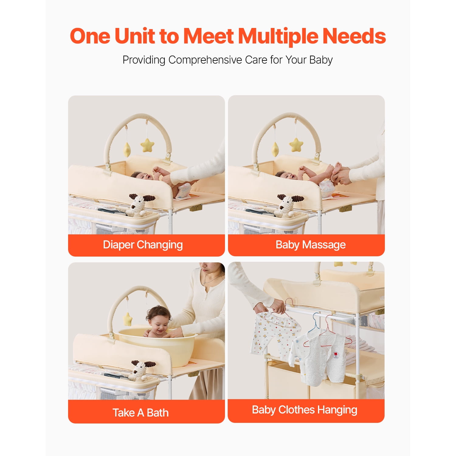 KFFKFF Foldable Baby Changing Table with Adjustable Height,30.00 x 29.53 x 39.57-42.52 in Light Beige
