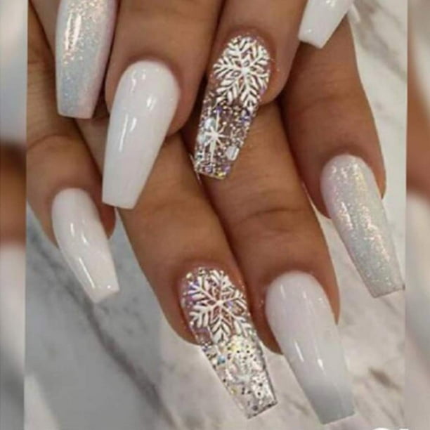 Prensa en las uñas Copo de nieve blanco Ataúd Uñas postizas Uñas postizas Cubierta completa Uñas acrílicas para mujeres y niñas adolescentes Ormromra CZMR-ZC45-2