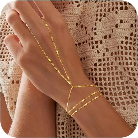 Hand Chain Bracelet for Women -Valentine's Day gift Dainty 14K-Gold-Plated Finger Ring Hand Chains Layered Trendy Link Bracelets Jewelry Gifts for Women