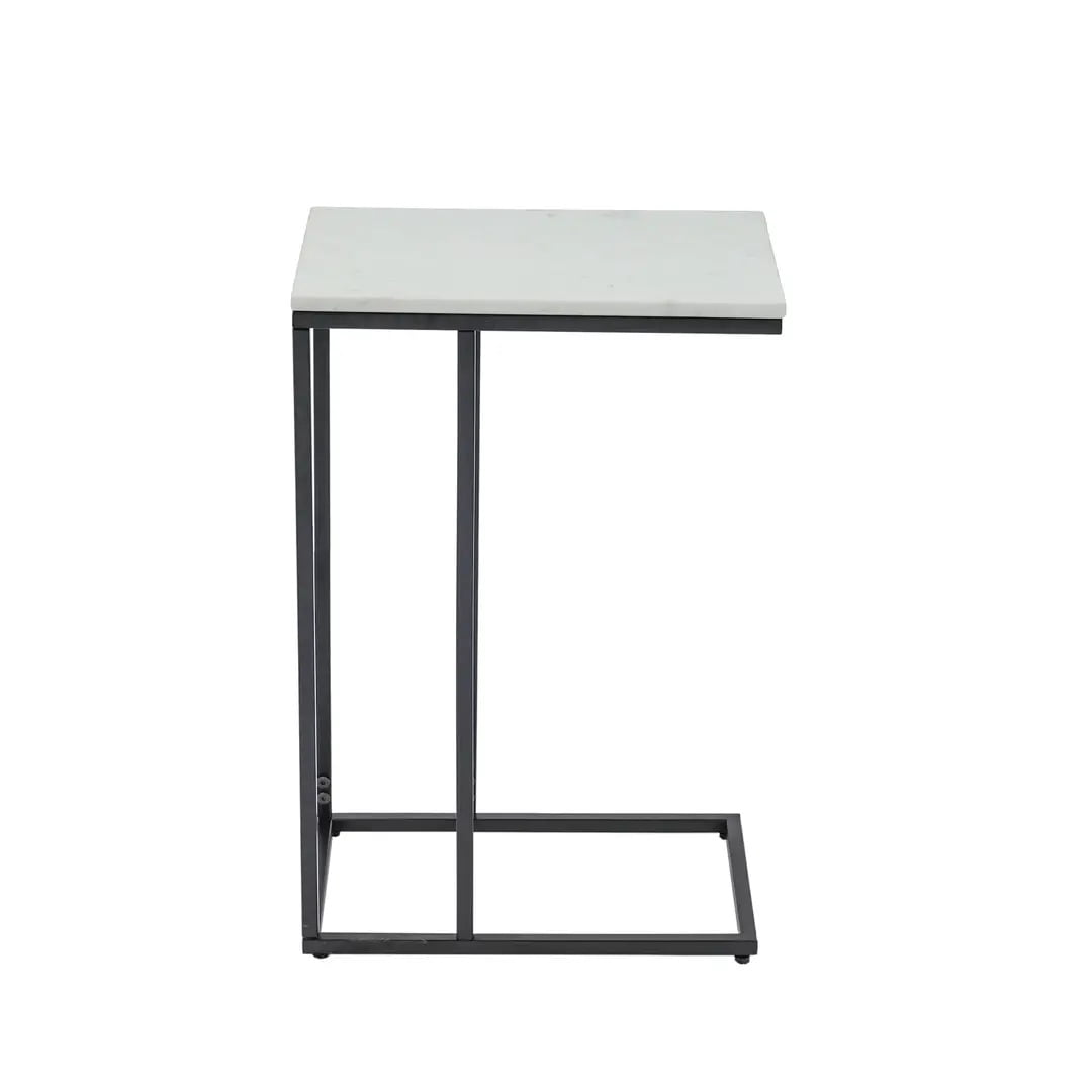 C-Shaped Side End Table with White Marble Top & Black Metal Frame, 16.25×9.5×24.75 Inch Slide Under Sofa Drink Table for Living Room