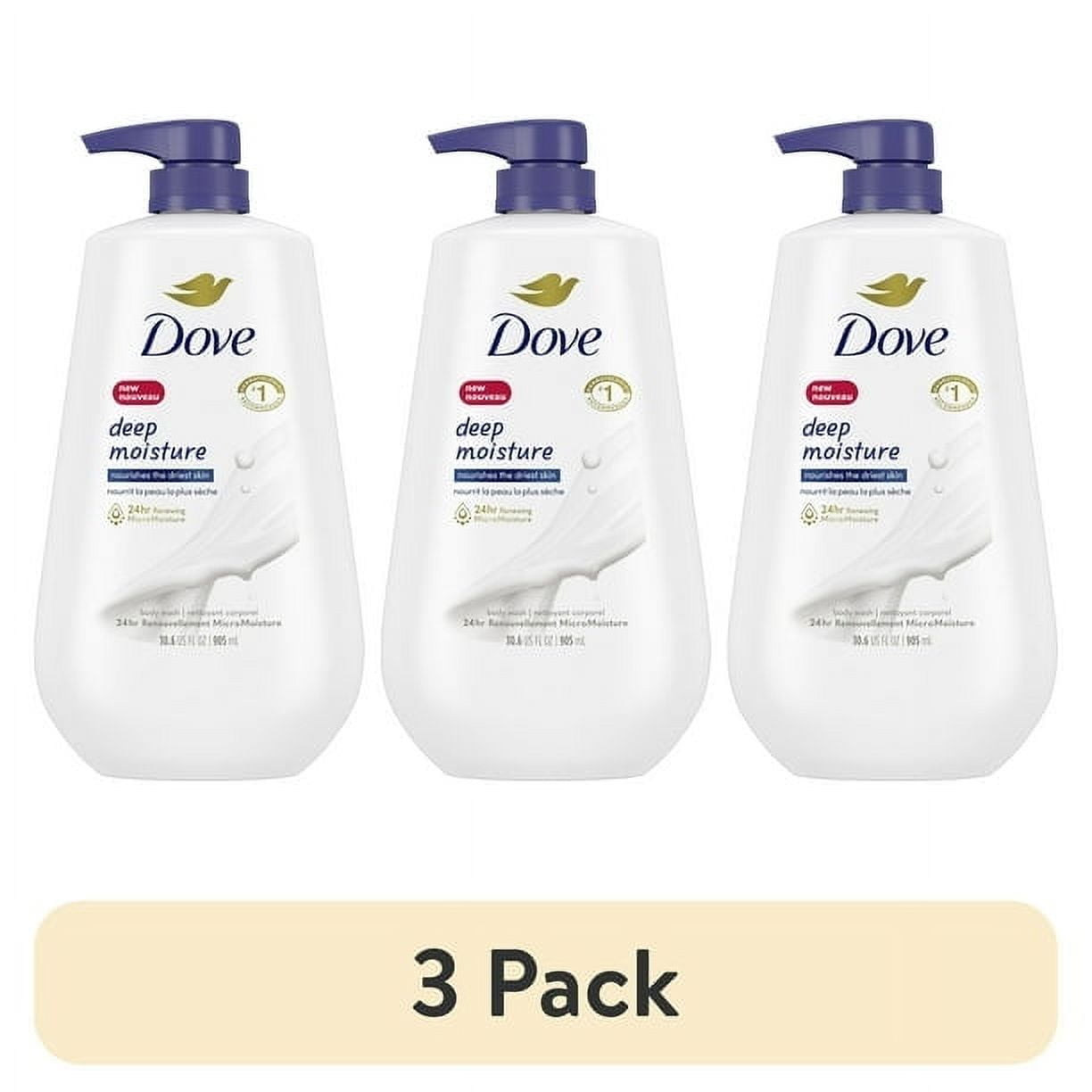 (3 pack) Dove Body Wash with Pump for 24hr Lotion-Soft Skin Deep Moisture Moisturizing Skin Cleanser with No Sulfates No Parabens, 30.6 fl oz