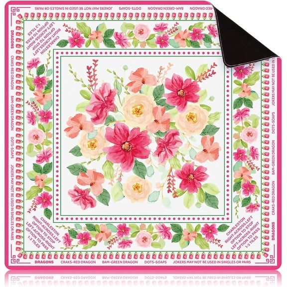 Floral Mahjong Mat with Rules 31.5 x 31.5 Non-Slip Noise Reduction Gaming Mat for Table Cover Card Board Tile Poker Dominoes