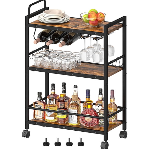 Bar Cart, Serving Cart for Home, Microwave Cart, Drink Cart, Mobile Kitchen Shelf with Wine Rack and Glass Holder