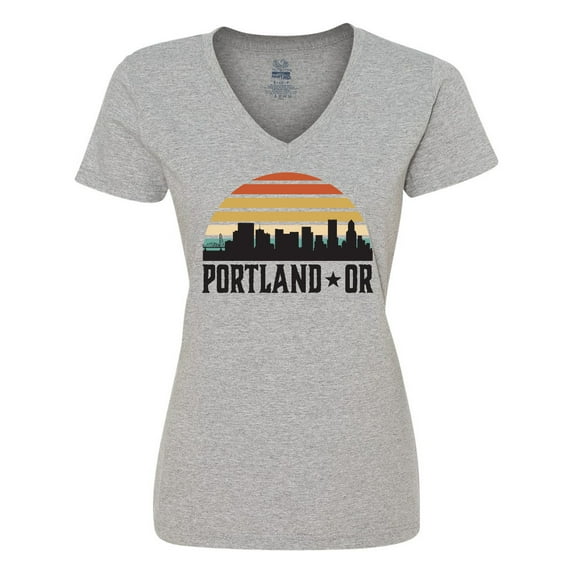 Inktastic Portland Oregon Skyline Retro Sunset Women's V-Neck T-Shirt