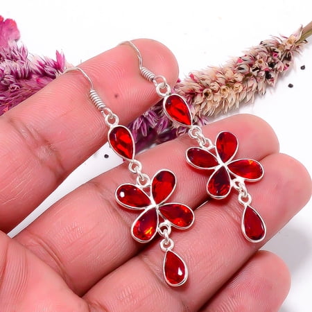 Red Garnet Gemstone 925 Sterling Silver Handmade Earring 2.26" E312