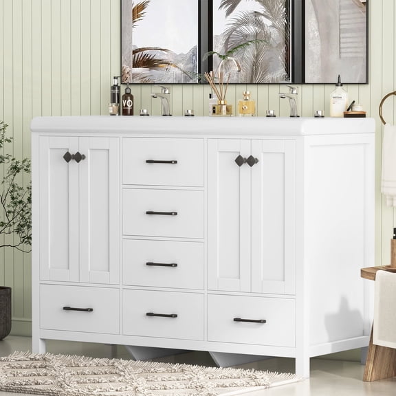 Caulitar 47" Large Bathroom Vanity with Double Ceramic Sink Top, Freestanding Vanity Cabinet 6 Drawers and Shelves, White