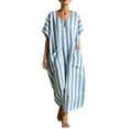 thumbnail image 2 of ClodeEU Women's Striped V Neck Short Sleeve Linen Blend Midi Dress, Casual Loose Swing Sundress with Pockets Sky Blue,Women's Plus XXL, 2 of 7