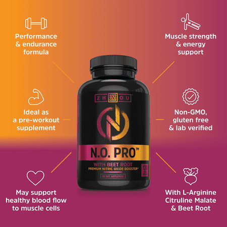 Zhou Nitric Oxide with L Arginine, Citrulline Malate, AAKG and Beet Root | Muscle Builder for Strength, Blood Flow and Endurance | 30 Servings, 120 Veggie Caps