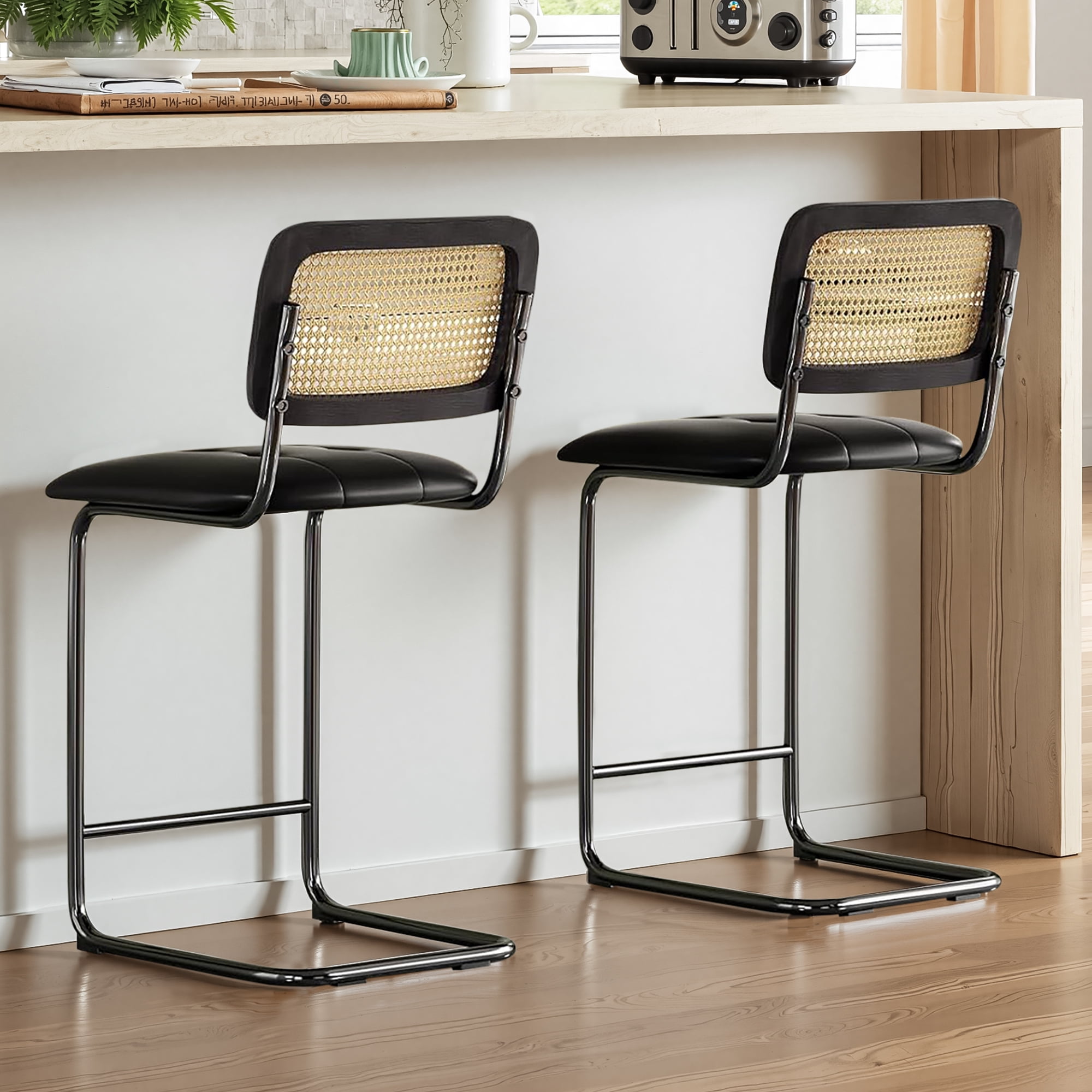 MAYEERTY 26" Black Counter Height Bar Stools Set of 2, PU Leather & Rattan Back, for Dining Areas