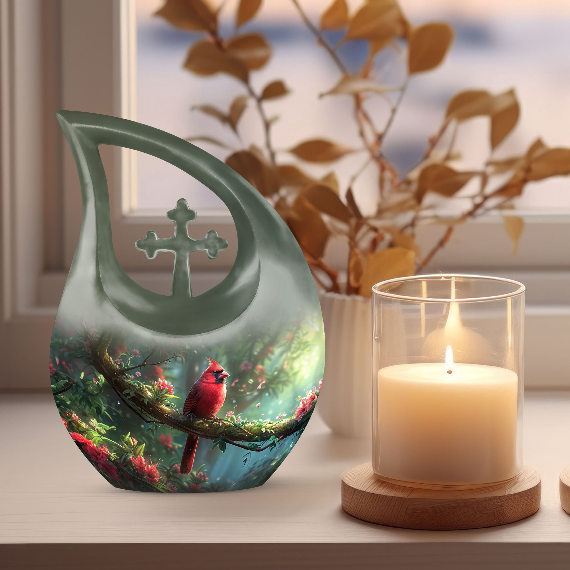 MUKTIVE Red Cardinal Bird in Jungle Combo Sets Memorial Urns for Human Ashes Adult Female, Cremation Urn for Adult Man & Women Ashes, Funeral Burial, (1 Large 10 ", 4 Keepsake 3 ")