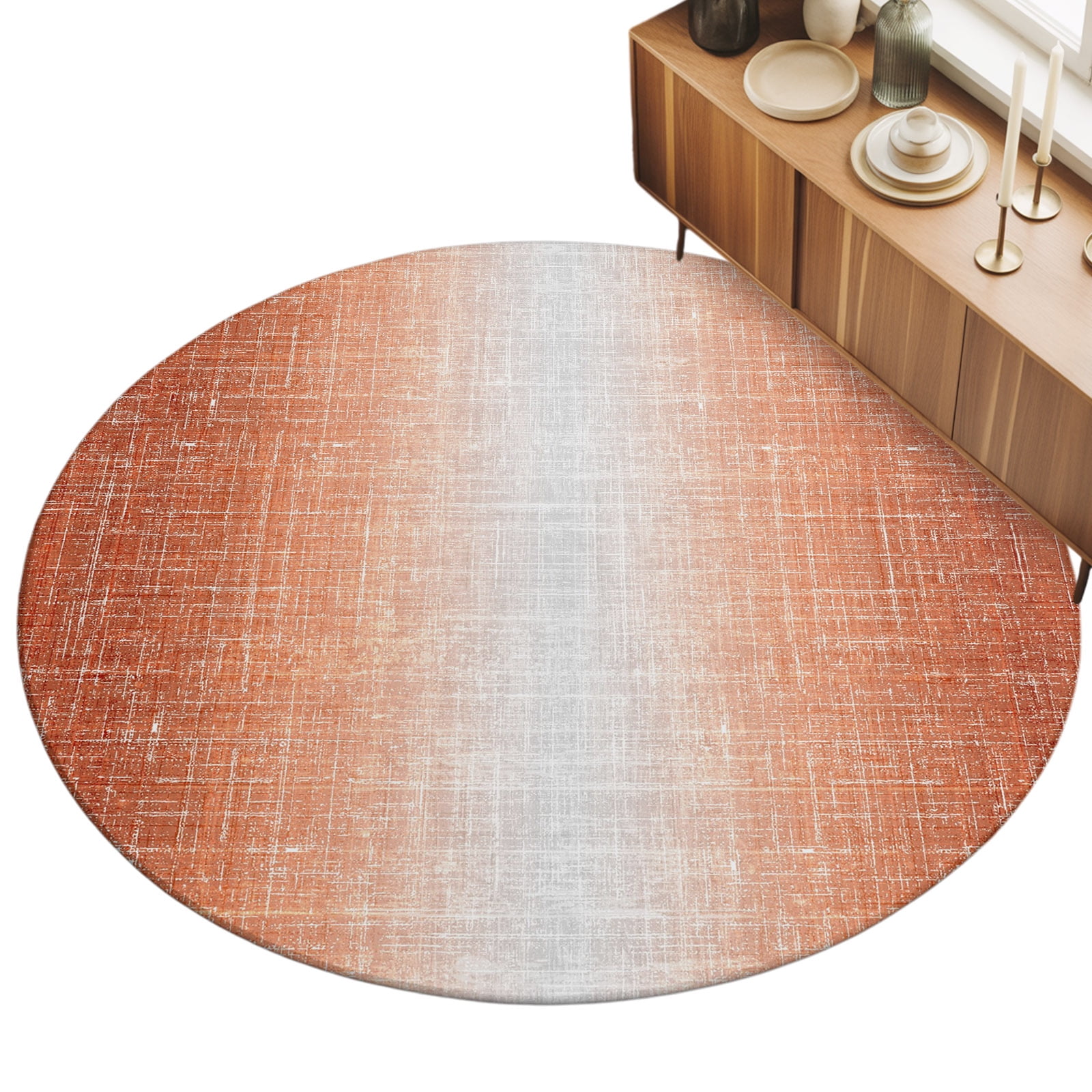 Round Area Rug 5ft Orange Linen Texture Floor Carpets Indoor Floor Area Mat Stain-Proof Mat Circle Rugs for Living Room Dining Room Kitchen Bedroom Gradient Color Sofa Throw Carpet