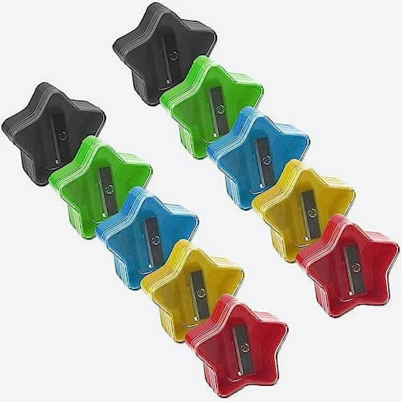 100 Pack of Bulk Wholesale Star Shaped Plastic Manual Handheld Pencil Sharpeners in Black, Red, Blue, Green and Yellow Color Assortment