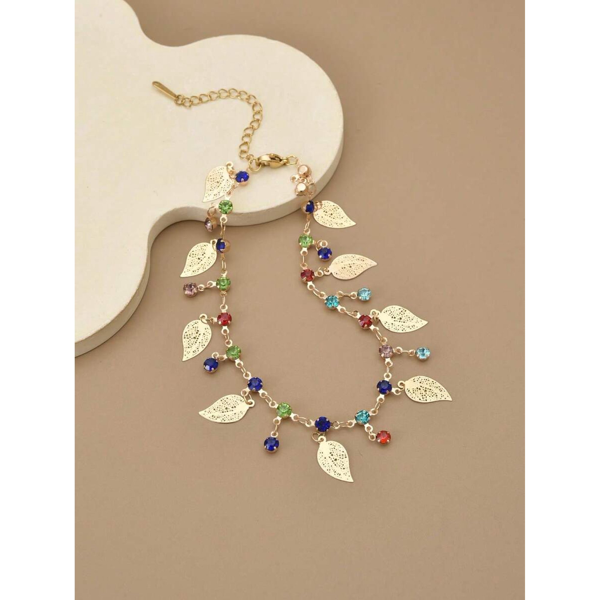 Multicolor Goldtone Hollow Leaf Charm Anklet With Crystal Beads