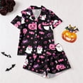 thumbnail image 2 of CUZIBR Toddler Pajamas For Girls Halloween Short Sleeve Bow Print Button Down Shirt And Shorts 2 PC Sleepwear Ghost Pumpkin Spider Graphic Lapel Smooth Cozy Party Daily Nightwear,Black,3-4 Years, 2 of 9