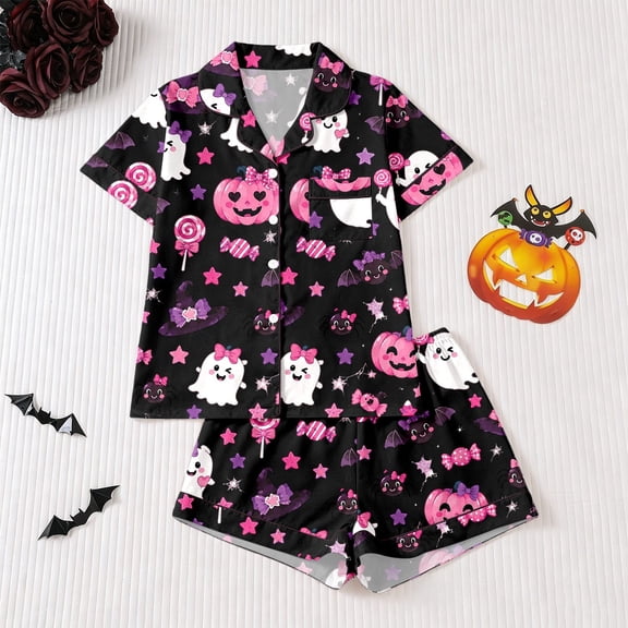 Huowey Women'S Halloween Pajamas Set Short Sleeve Button Down Tops And Shorts 2 PC Bow Ghost Pumpkin Graphic Lapel Cozy Party Sleepwear,Black,L
