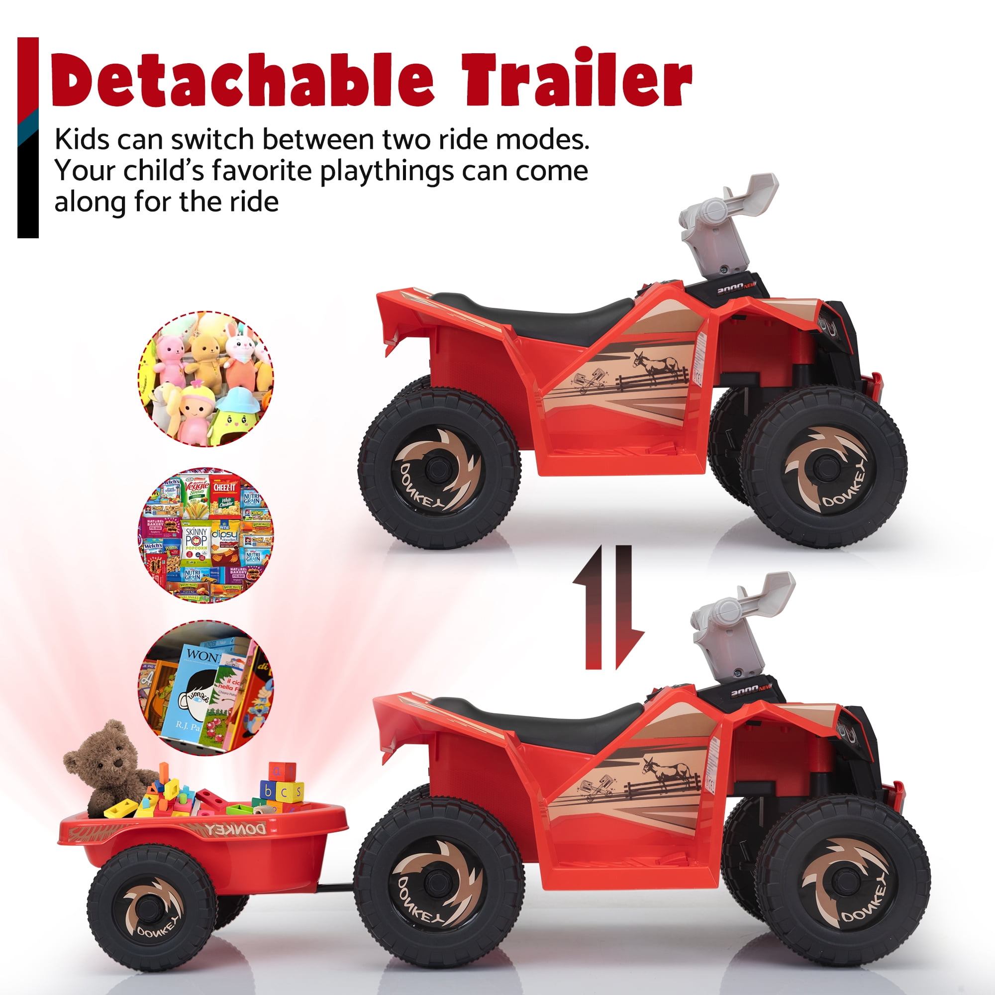 TOBBI 6V Kids Ride on ATV Quad Battery Powered 4-Wheeler Toddlers Toy Car W/ Trailer Bluetooth MP3 Horn, Red