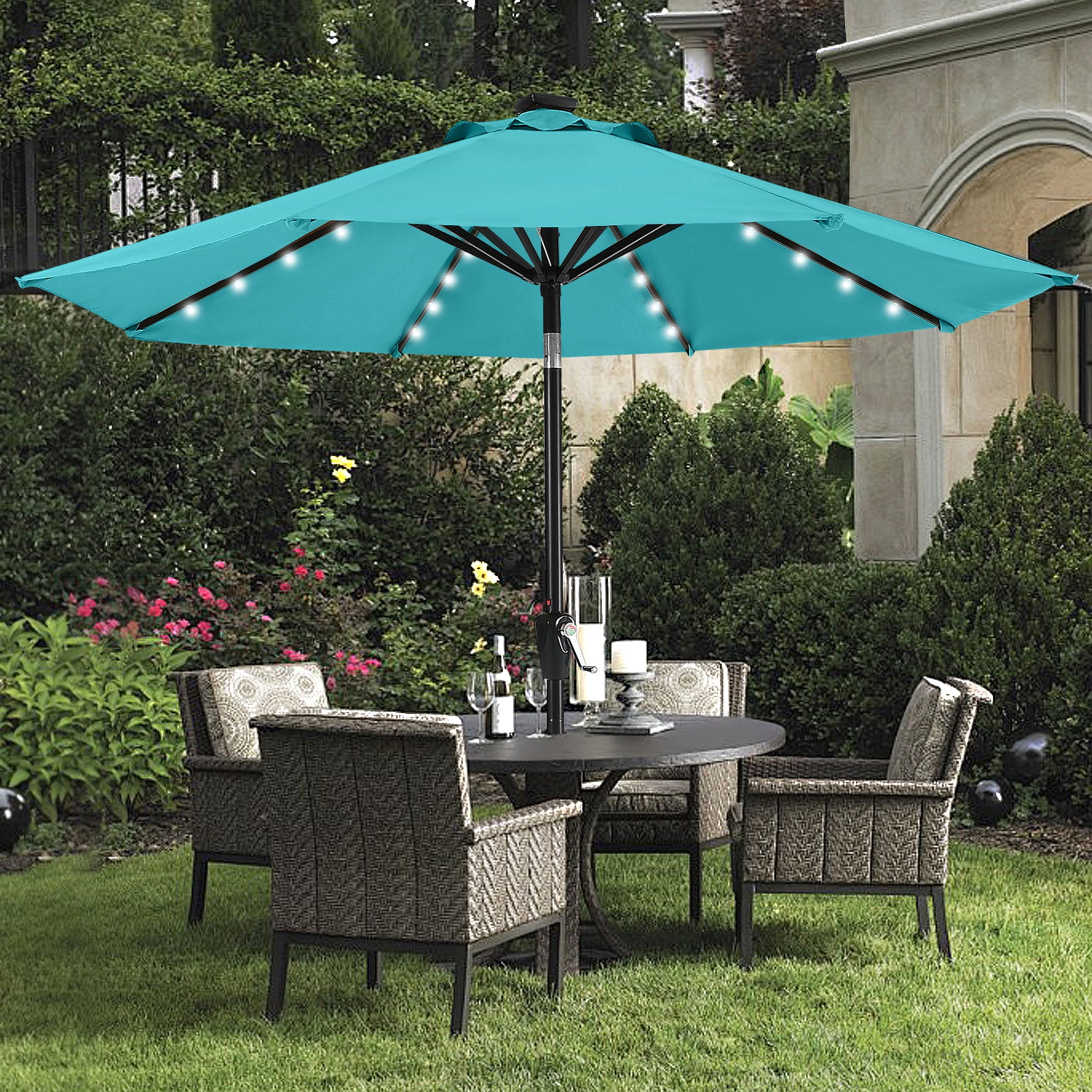 MASTERCANOPY 9ft Solar Patio Umbrella with LED Lights Tilt and Crank, Turquoise