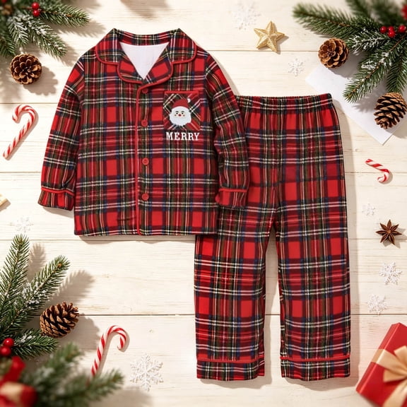 Pandaie Toddler Kids Plaid Outfit Santa Print Long Sleeve Pajamas 2 Piece Set Fall Winter Sleepwear Pjs Outfits Red,12-18 Months