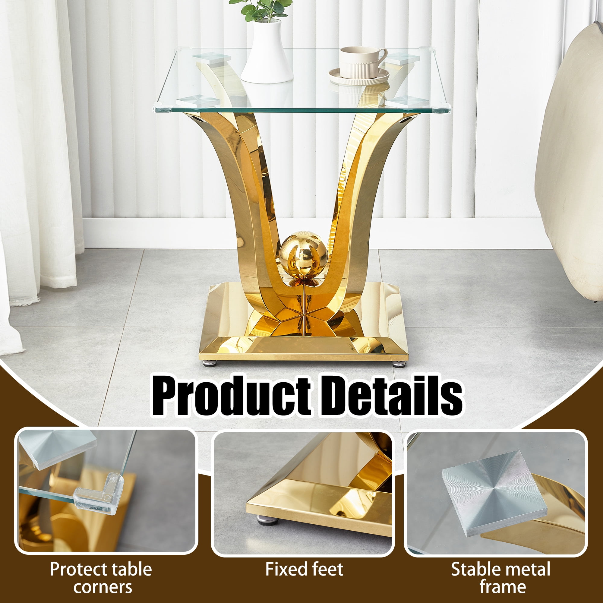 23.62" Square Glass End Table with Tempered Glass Top and Modern U-Shaped Stainless Steel Base, Perfect for Living Room and Bedroom
