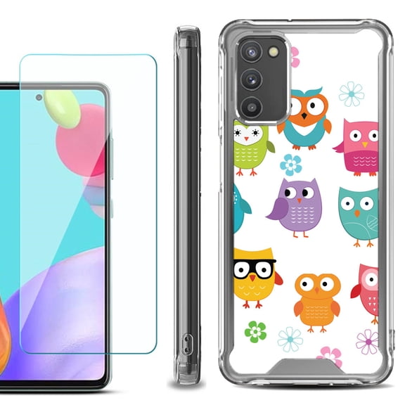 Shockproof Bumper Phone Case for Samsung Galaxy A02s, with Tempered Glass Screen Protector, by OneToughShield ® - Happy Owl