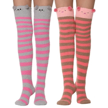 MOGGEI Chaussettes Duveteuses pour Femmes Cuissardes au-Dessus du Genou à Rayures, Petits Cadeaux de Bas, Pantoufles Moelleuses et Confortables en Molleton, Chaussettes Cadeau 2 Paires (Rayures et Animal)