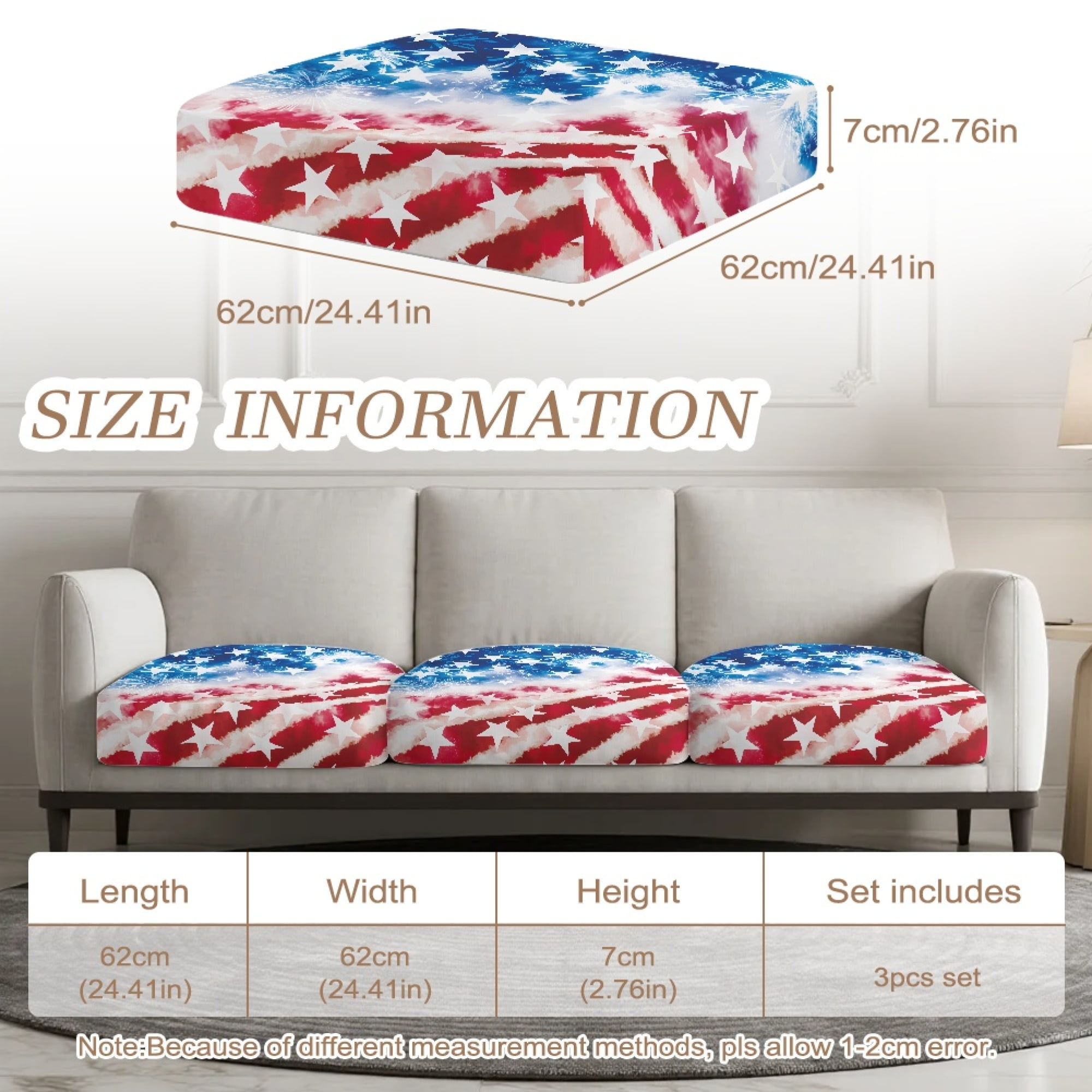 TSOVTHRID American Flag Firework Print Stretch Couch Cushion Cover Cushion Slipcover for Chair Loveseat Sofa Cushions Furniture Protector Sofa Seat Cover for Pets Dogs, 24x24 Inch