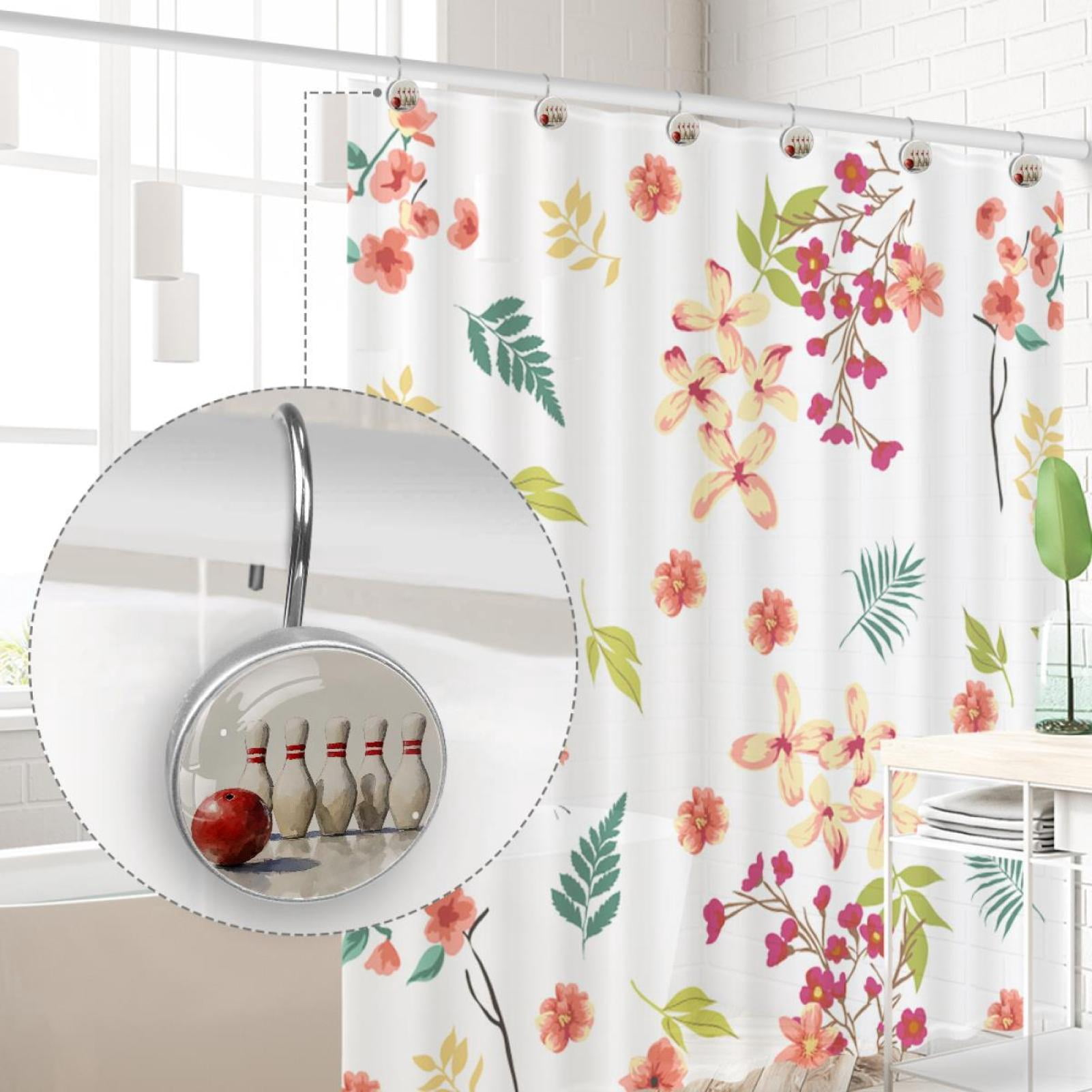 Watercolor Bowling Pins and Ball Shower Curtain Hooks Round Crystal Glass, Set of 12 Shower Curtain Rings - Shower Hooks for Curtain Shower Rings