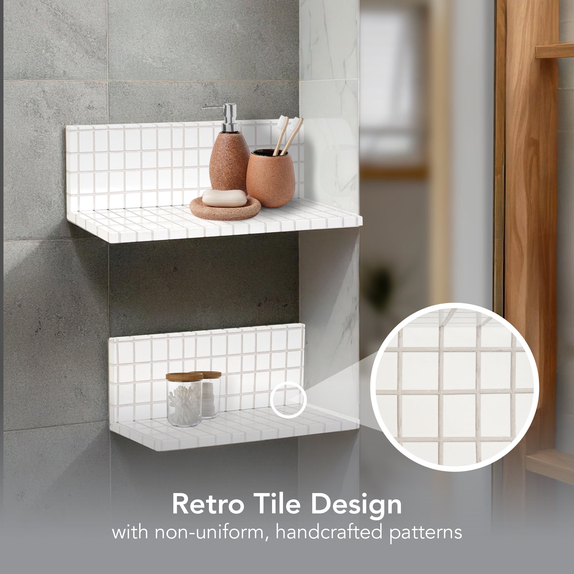American Art Decor 2pc Stylish Retro Wavey Tile Floating Shelves for Wall & Storage - White