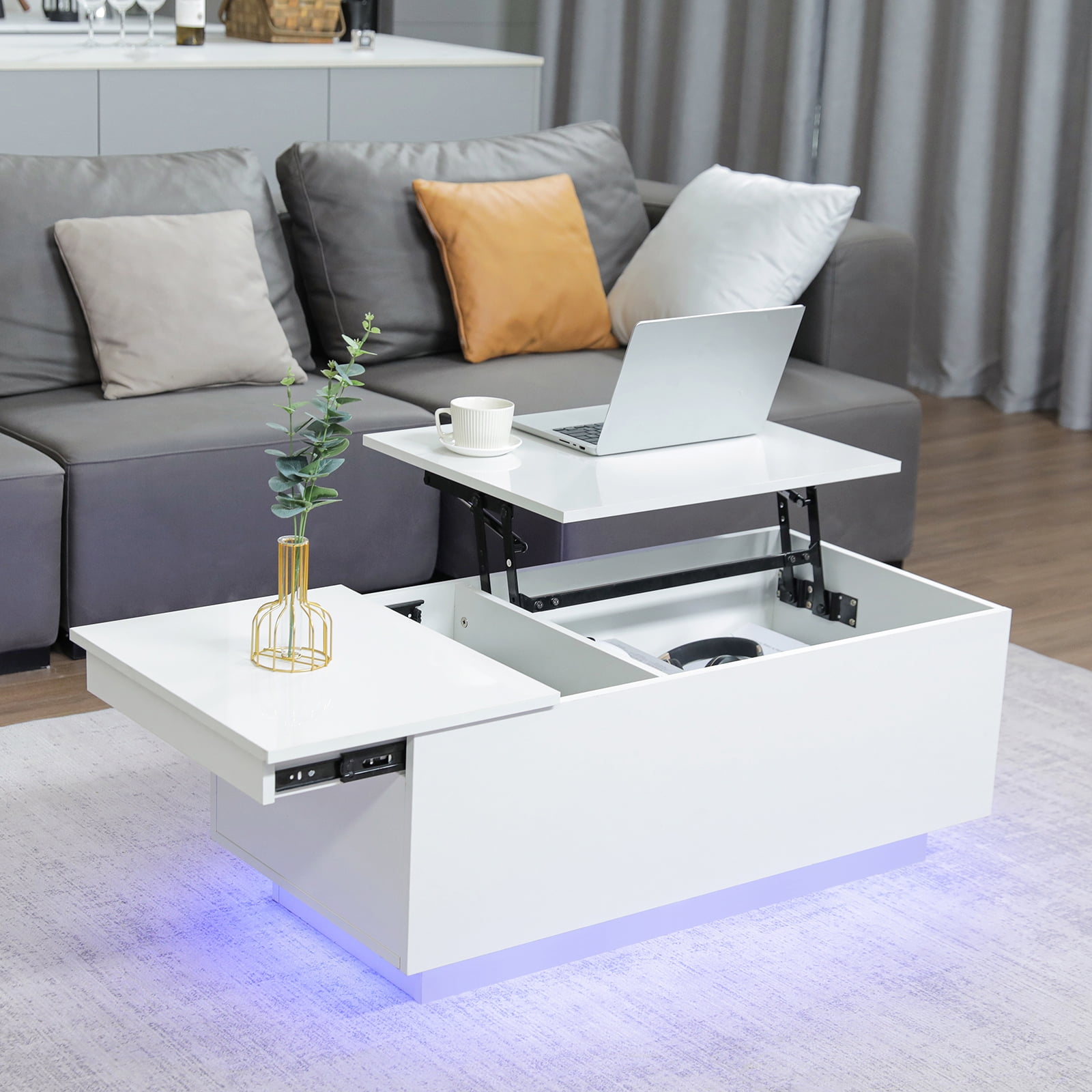 LED Coffee Table Lift Top End Table with with Charging Station and