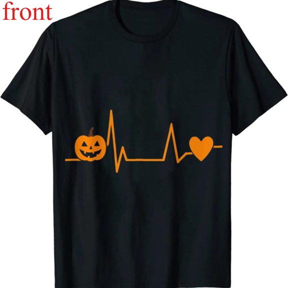 Halloween T-Shirt, Graphic Tees with Pumpkin & Heartbeat ECG Design, Orange & Black Top，Crew neck，Funny，cotton，black，S-5XL