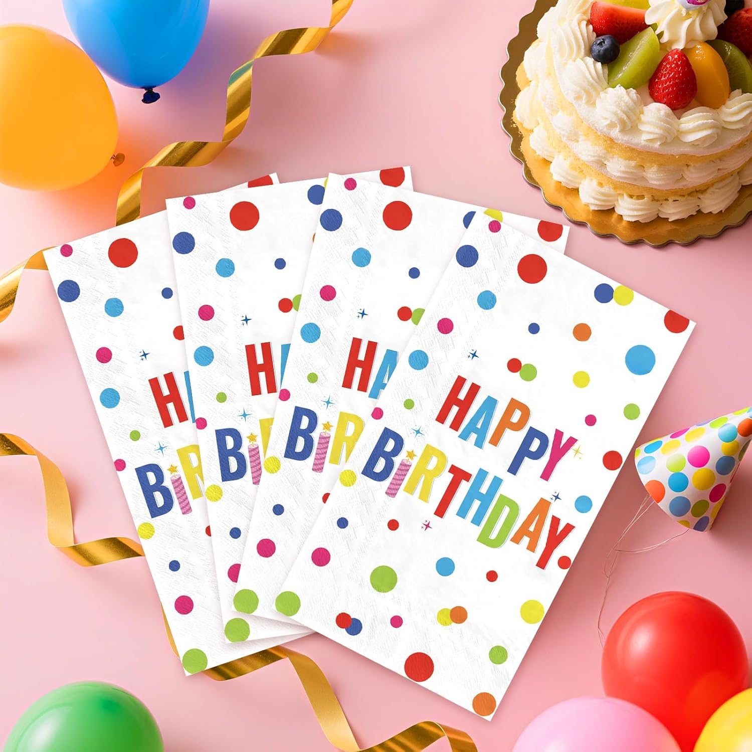 100 Pcs Happy Birthday Paper Napkins 3 Ply Colorful Dots Birthday Hand Towels Disposable Absorbent Colorful Polka Dot Guest Napkins for Christmas Adults Kids Birthday Cocktail Picnic Party Supplies
