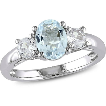 3 Stone Radiant Ring - 1-5/8 Carat T.G.W. Oval and Round-Cut Aquamarine and Created White Sapphire Sterling Silver Three Stone Ring