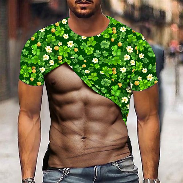UVEASISHA T-Shirts Graphiques de la Saint-Patrick pour Hommes T-Shirts à Manches Courtes avec Imprimé Muscle Factice 3D Trèfle Irlandais Col Ras du Cou Chandail Hauts Décontractés de Gym Entraînement T-Shirt Soldes Aujourd'hui Vert TTTG