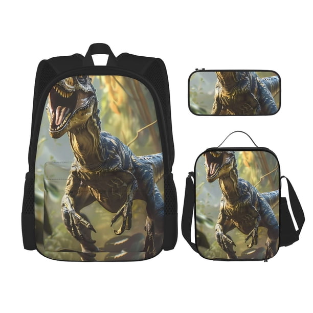Easygdp Ferocious Dinosaur Mochila para Niños y Niñas con Set de Caja de Almuerzo y Estuche para Lápices 3 en 1, Mochila Escolar Estampada para Adolescentes