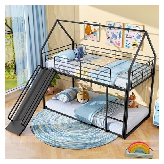 Twin Over Twin House Bunk Bed with Slide, Black